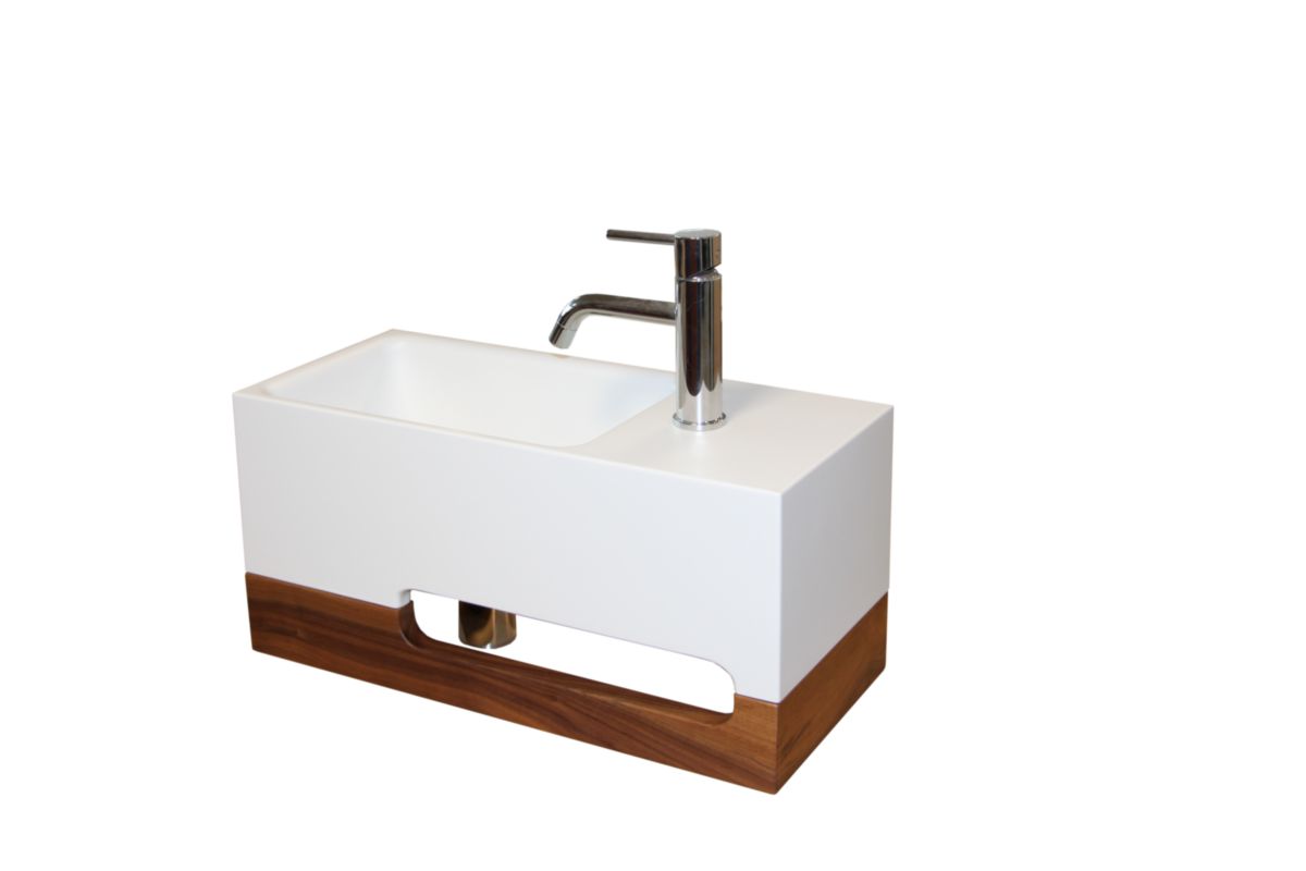 Lave-mains JAPANDI vasque Solid Surface avec plage de pose et porte-serviette noyer massif réf: 1147302