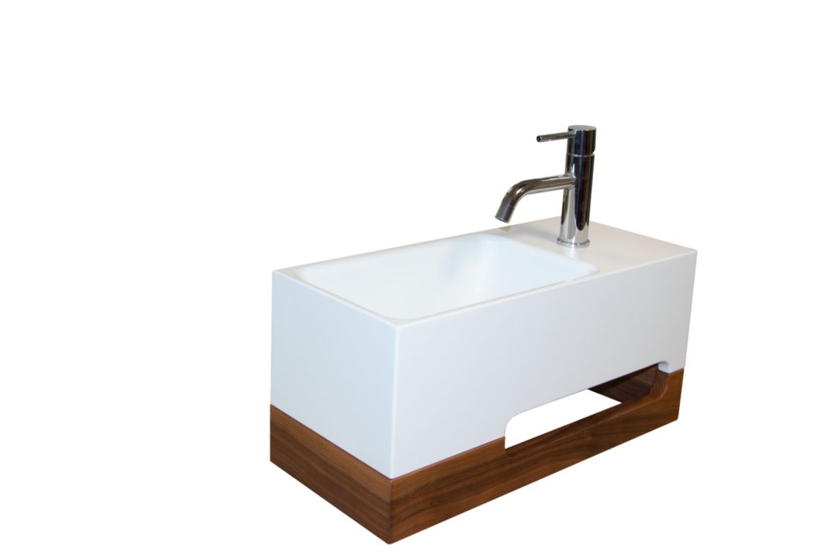 Lave-mains JAPANDI vasque Solid Surface avec plage de pose et porte-serviette noyer massif réf: 1147302