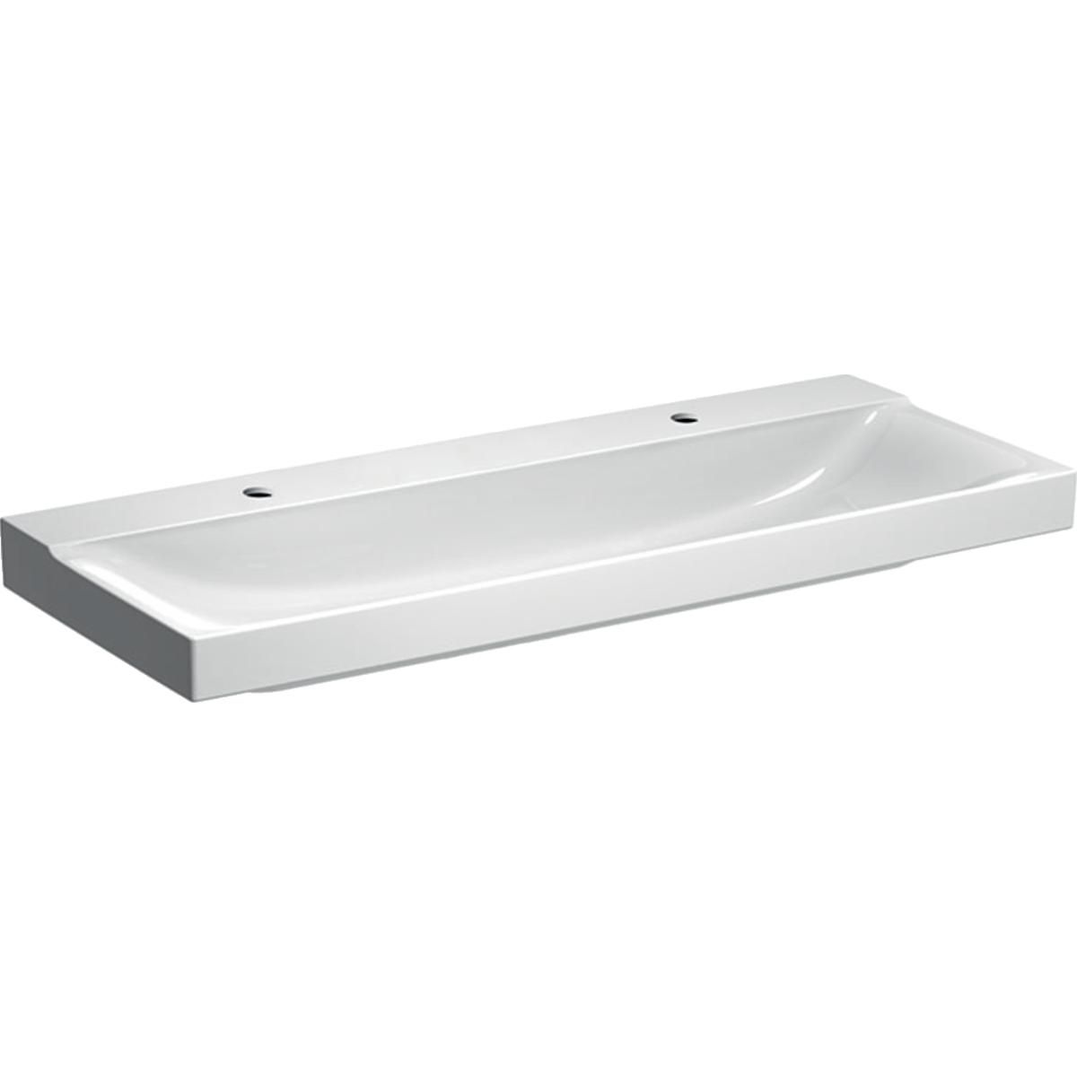 Lavabo Geberit Xeno², 120x48cm, trou de robinetterieà gauche et à droite, sans trop-plein, Blanc, KeraTect