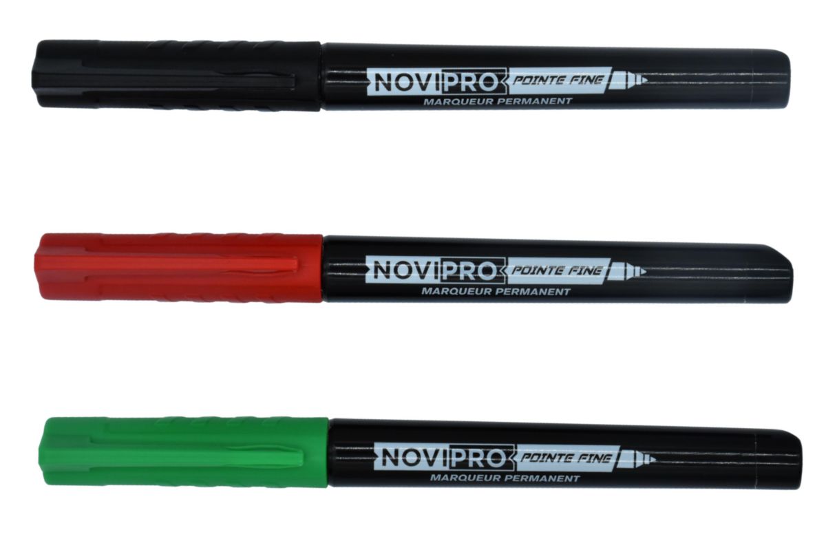 Lot de 3 marqueurs pointe fine : rouge, noir et vert Novipro