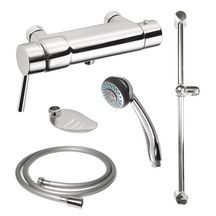 Kit de douche comprenant un mitigeur thermostatique de douche Mastermix (sans intercommunication EFS/ECS), une douchette 2 jets, un flexible lisse gris Lg 850 mm, une barre de douche chromée Lg 600 mm et porte-savon Réf. 75114