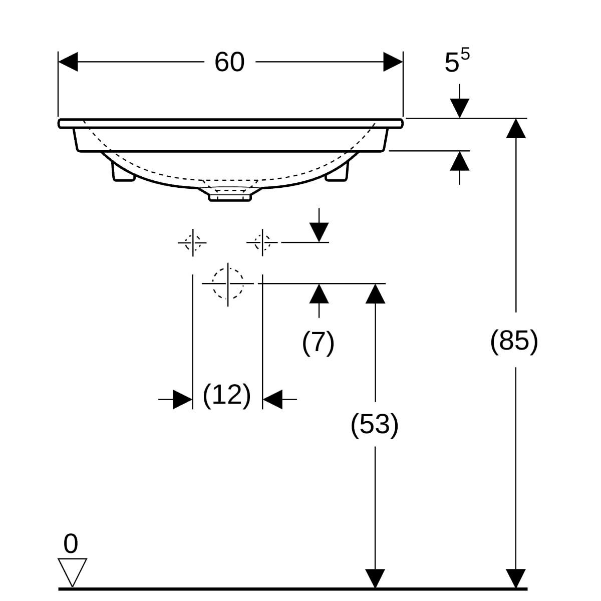 Lavabo pour meuble Geberit ONE, sortie verticale: B=60cm, T=48cm, Trou de robinetterie=Au centre, Trop-plein=Sans, blanc / KeraTect