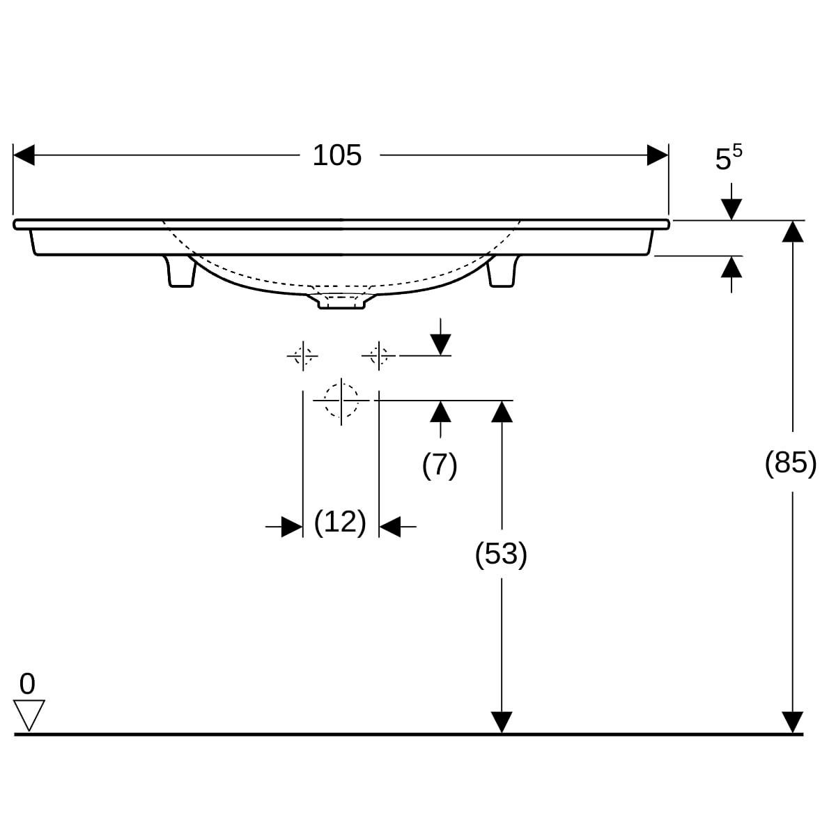 Lavabo pour meuble Geberit ONE, sortie verticale: B=105cm, T=48cm, Trou de robinetterie=Sans, Trop-plein=Sans, blanc / KeraTect