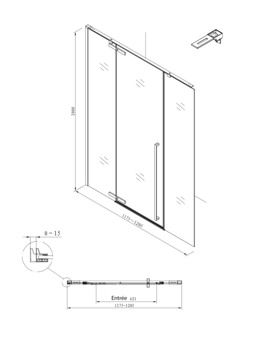 Paroi de douche Alterna Daily XL accès de face porte pivotante (fixe + pivot + fixe) profilé chromé longueur 120 cm