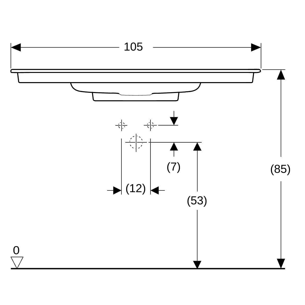 Lavabo pour meuble Geberit ONE, sortie horizontale, 105x48cm, sans trou de robinetterie, sans trou de trop-plein, blanc / KeraTect