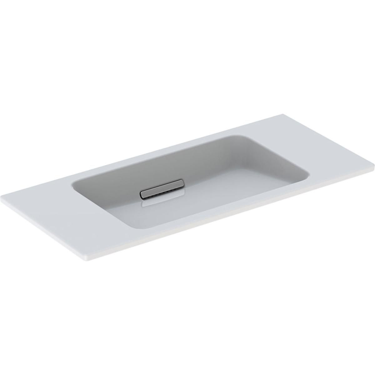 Lavabo Geberit ONE design flottant, sortie horizontale, compact, 90x40cm, sans trou de robinetterie, sans trop-plein, blanc, KeraTect, chromé brossé Réf. 500.390.01.2