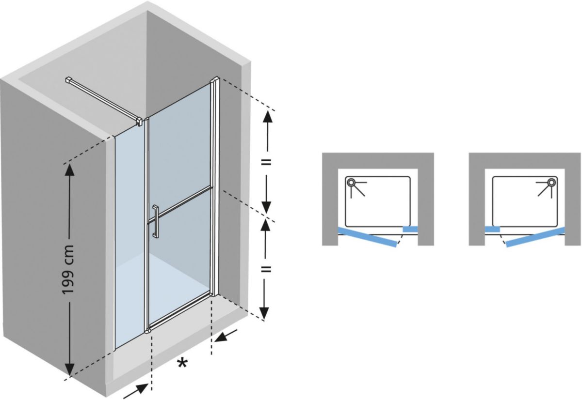 Porte de douche FREE G+F, battante, avec paroi fixe en alignement, en niche, 120 cm, droite, extensible de 116 à 122 cm, profilé chromé, verre transparent Réf. FREEGF120D-1K