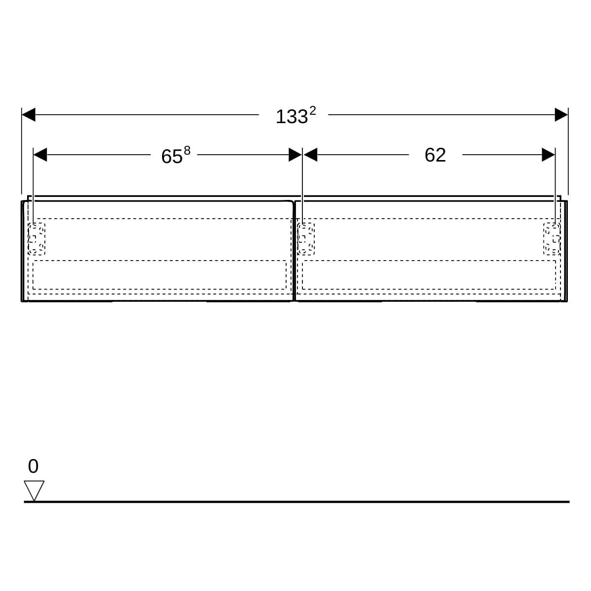 Meuble bas pour lavabo Geberit ONE, 2 tiroirs: L135cm, P47cm, mélaminé structuré bois Noyer Carya