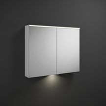 Armoire de toilette EQIO SMART avec éclairage LED miroir et éclairage LED plan de toilette, largeur 100cm, hauteur 80 cm, 2 portes, miroir double, bloc interrupteur et prise, étagère en verre, IP24, finition blanc brillant Réf. SPGT100F3666