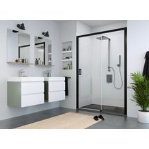 Porte coulissante sans seuil 2 éléments dont 1 fixe à droite, Série CARIBA, CID2R130200NPE, largeur 1300 mm, hauteur 2000 mm, Profilé Noir, Verre clair traité anticalcaire