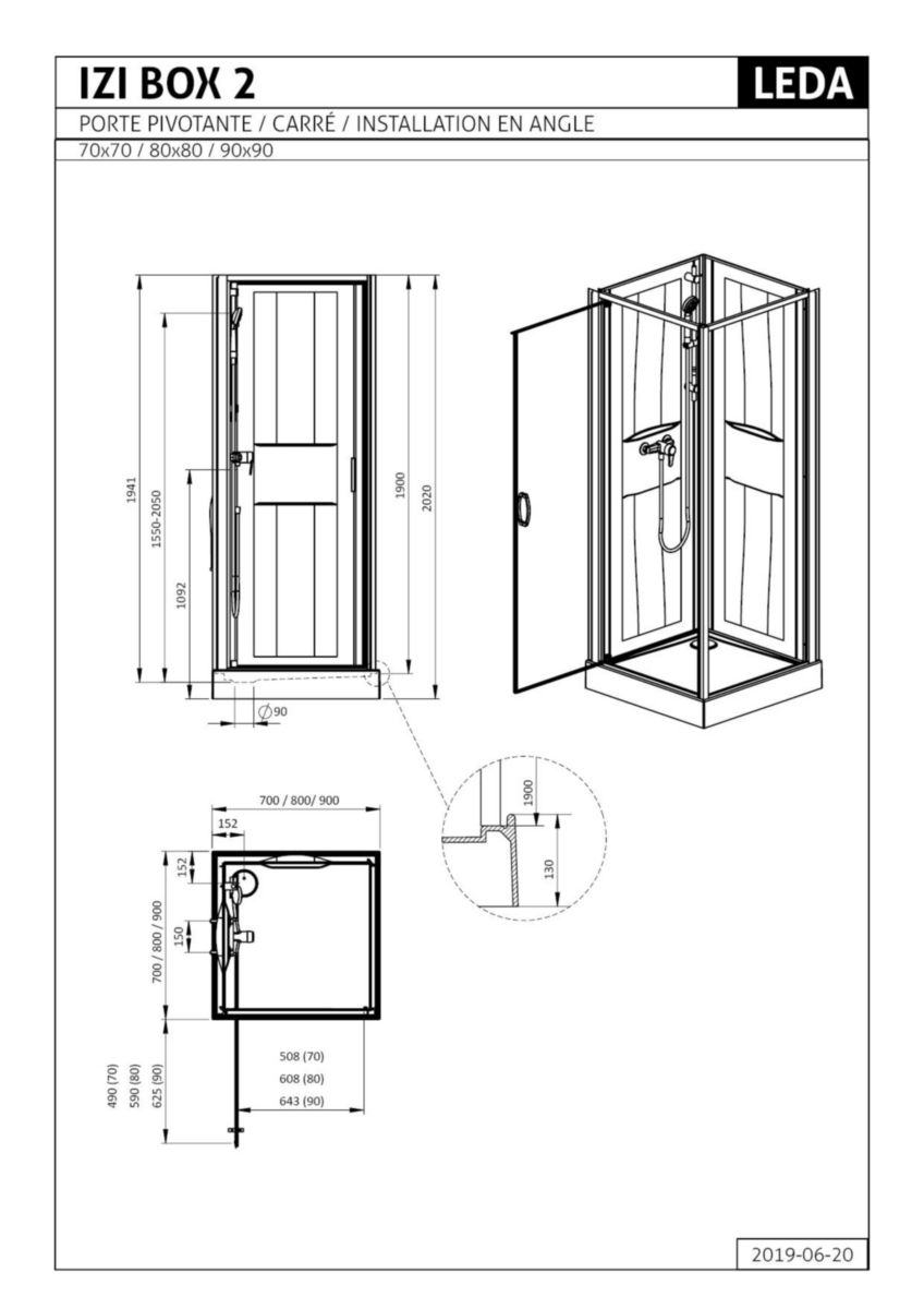 Cabine de douche IZI BOX 2 carrée 80 cm porte pivotante en verre transparent Réf. L11IZBP0080