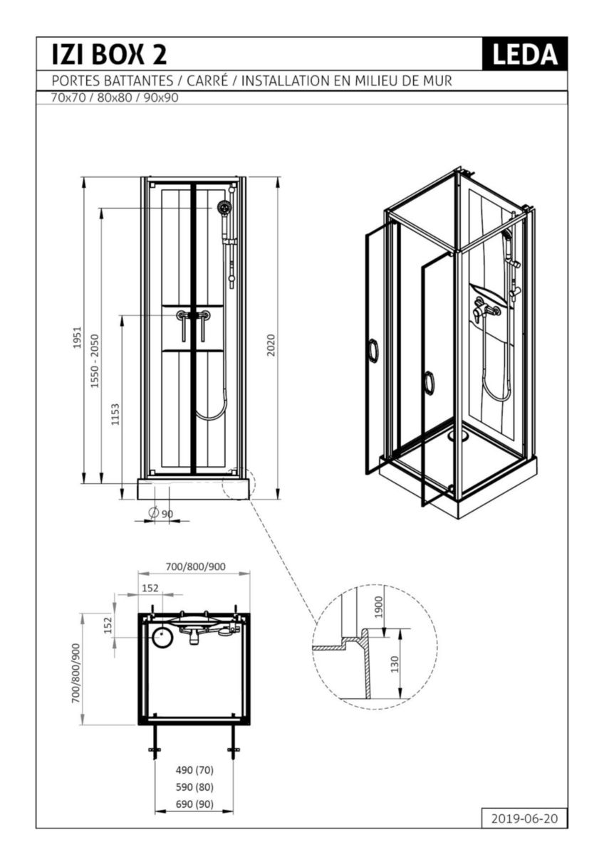 Cabine de douche IZI BOX 2 carrée 90 cm portes battantes milieu de mur en verre transparent Réf. L11IZBBM090