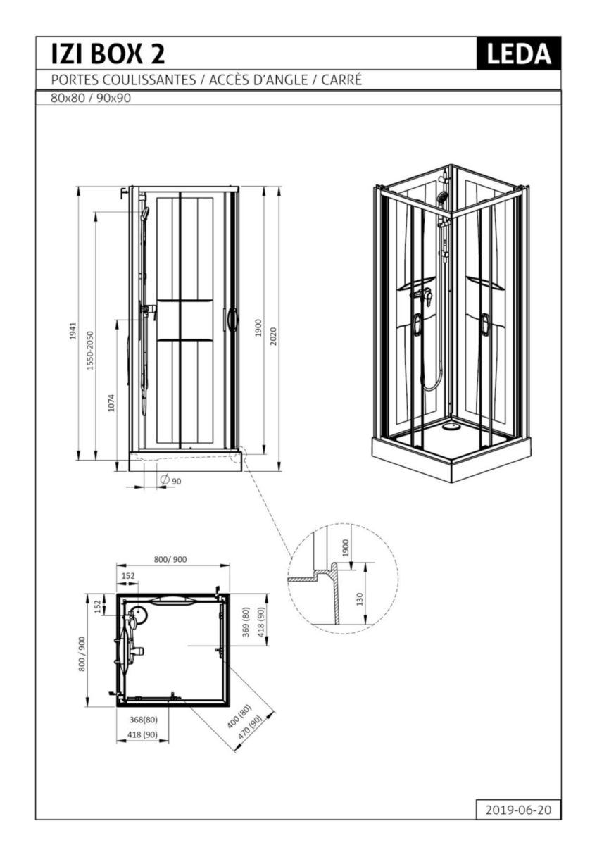 Cabine de douche IZI BOX 2 carrée angle 80 cm portes coulissantes en verre transparent Réf. L11IZBC0080