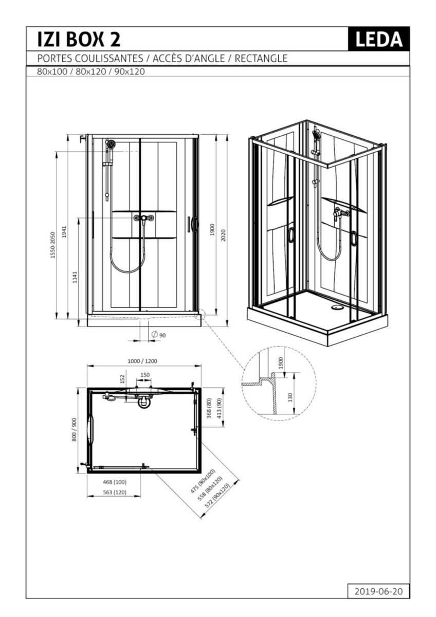 Cabine de douche IZI BOX 2 coulissante angle 90 x 120 cm en verre transparent Réf. L11IZBC1290