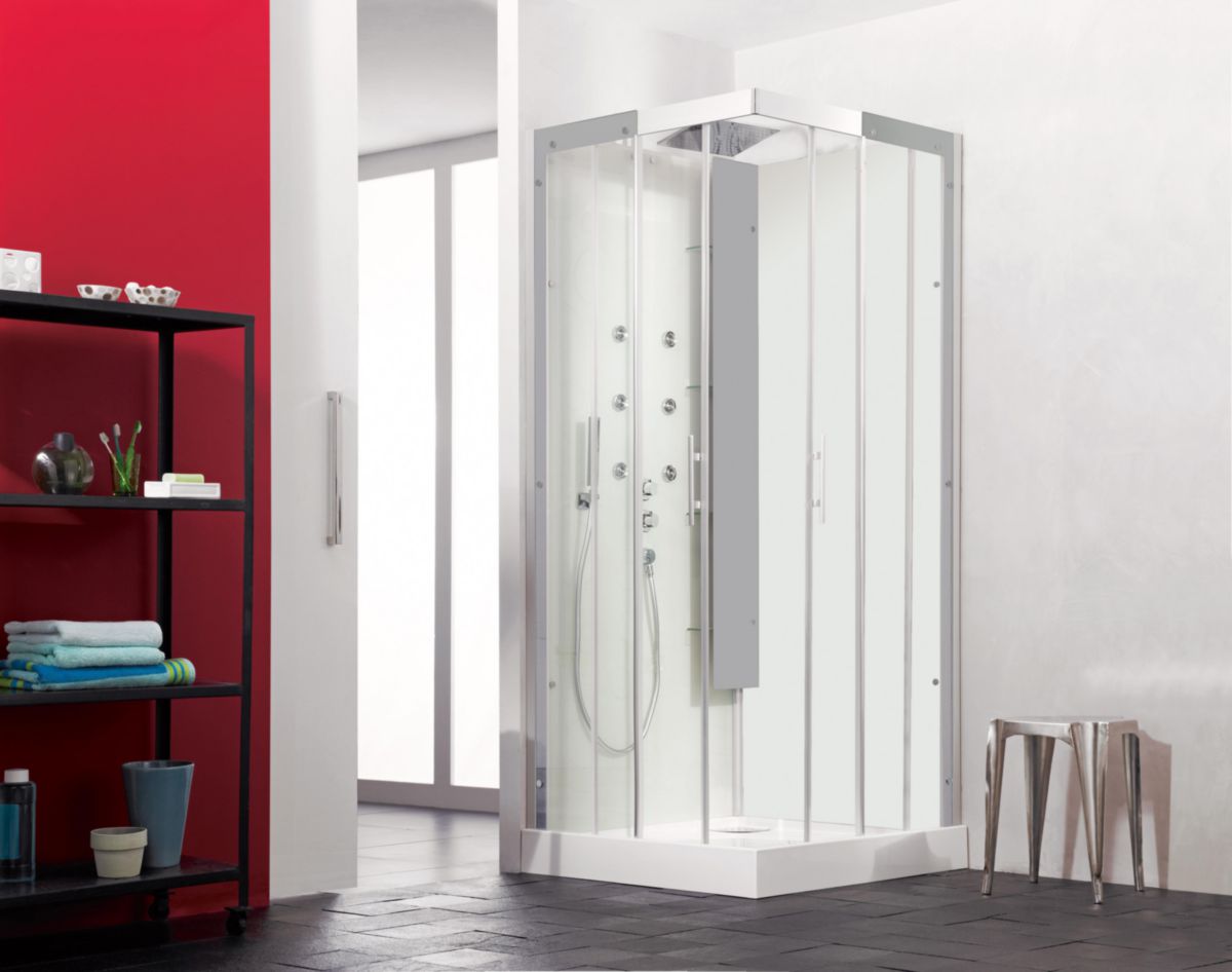 Cabine de douche HORIZON2 receveur bas ouverture coulissante 90X90 carrée hydromassage couleur acier réf. CH117A12