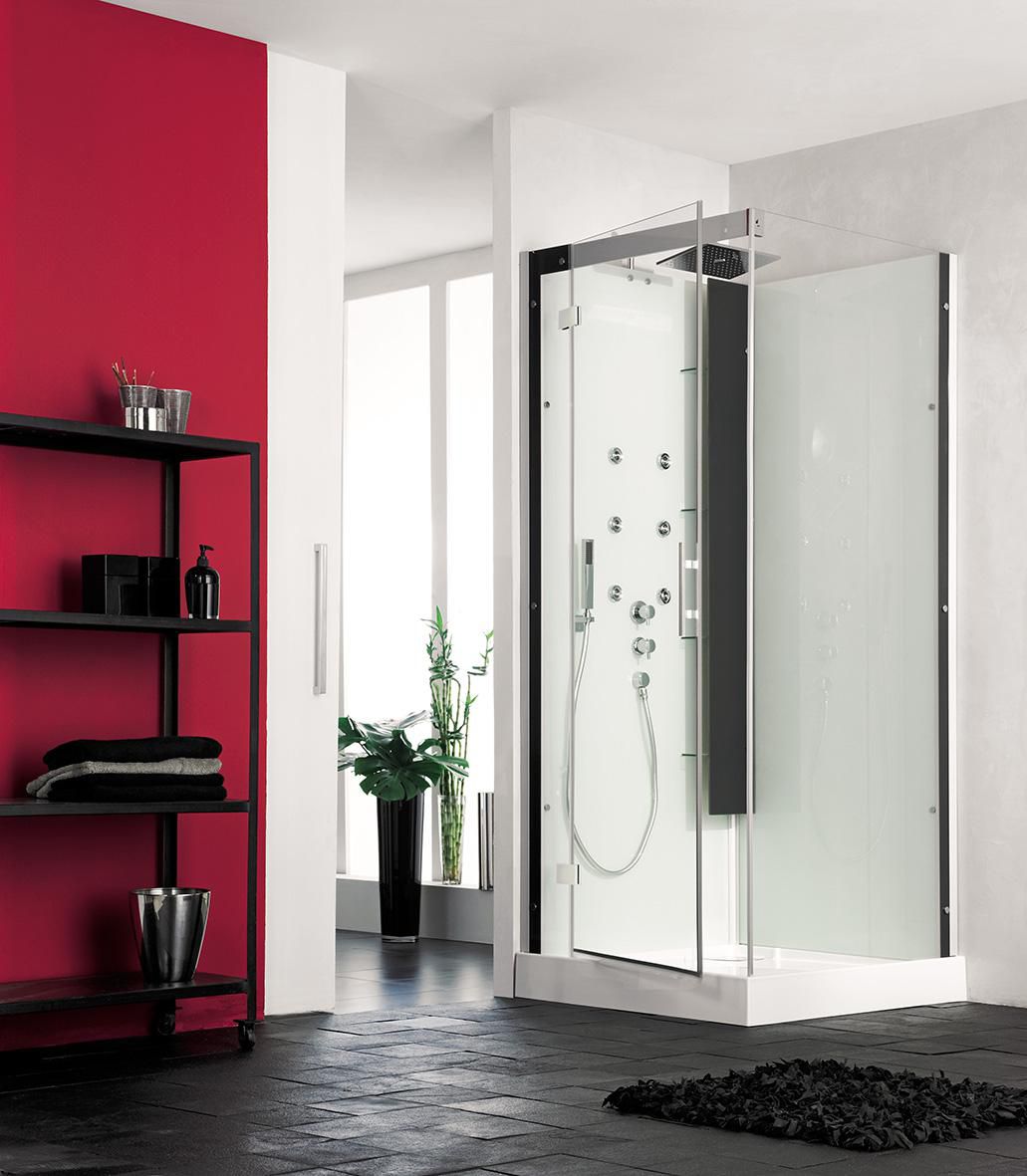 Cabine de douche HORIZON2 receveur bas ouverture pivotante 80X80 carrée hydromassage couleur perle noire réf. CH136N12