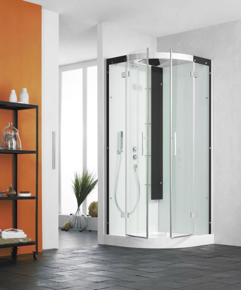 Cabine de douche HORIZON2 receveur bas ouverture pivotante 90R mitigeur thermostatique couleur perle noire réf. CA138N12