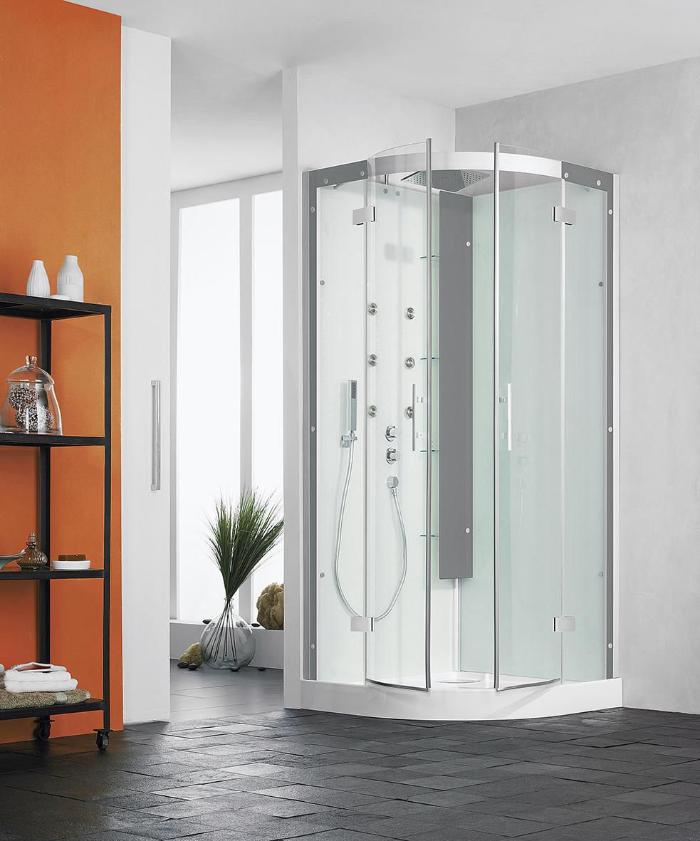 Cabine de douche HORIZON2 receveur bas ouverture pivotante 90X90 ronde hydromassage couleur acier réf. CH138A12