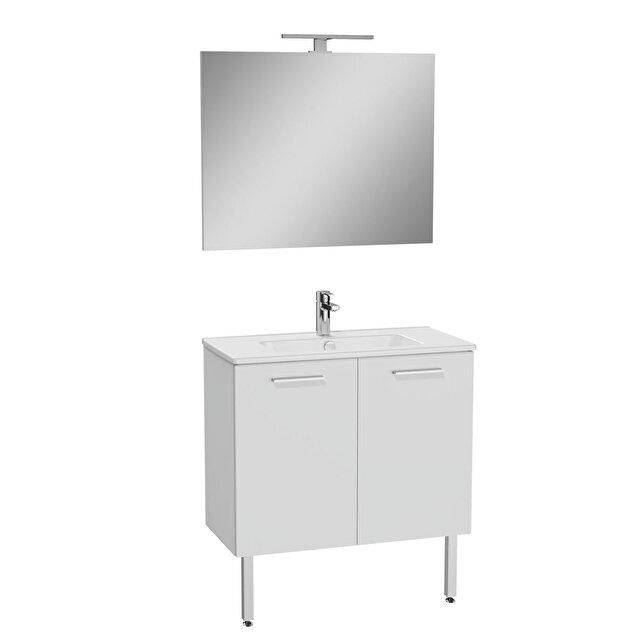 Meuble MIA 80 cm finition blanc, 2 portes, plan céramique, miroir ultraplat, applique Led, pieds chromés réf: 67266