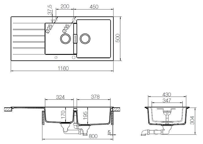 Evier SIGNUS 22421 116x50cm 2 cuves 1 égouttoir polaris réf. EVC22421 106