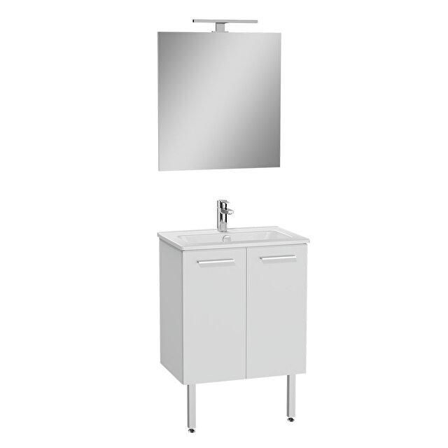 Meuble MIA L.60 cm finition blanc, 2 portes, plan céramique, miroir ultraplat, applique Led, pieds chromés réf: 75068