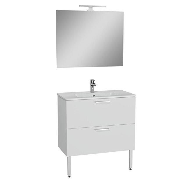 Meuble MIA L.80 cm finition blanc, 2 tiroirs, plan céramique, miroir ultraplat, applique Led, pieds chromés réf: 75075