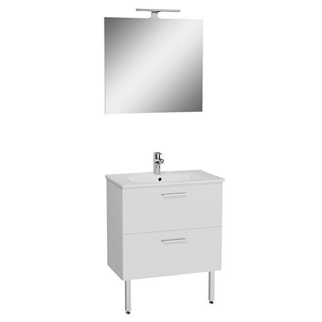 Meuble MIA L.70 cm finition blanc, 2 tiroirs, plan céramique, miroir ultraplat, applique Led, pieds chromés réf: 66100