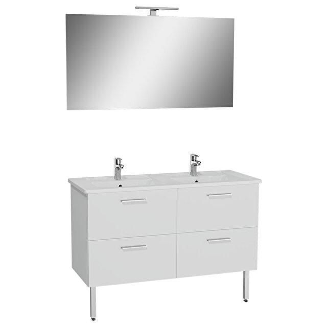 Meuble MIA L.120 cm finition blanc, 4 tiroirs, plan céramique, miroir ultraplat, applique Led, pieds chromés réf :66075