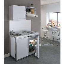 Meuble bas cuisinette METALLINE 120 cm  1 porte avec niche pour réfrigérateur 55 cm, Coloris Glacier