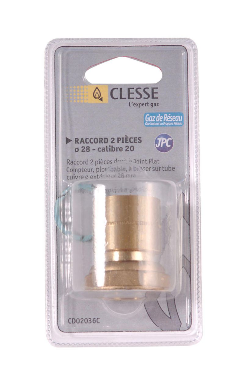 Raccord droit 2 pièces RC-2P-JPC-CU-C à joint plat compteur à braser sur tube cuivre D28 calibre 20 sous coque NF Réf. CD02036C