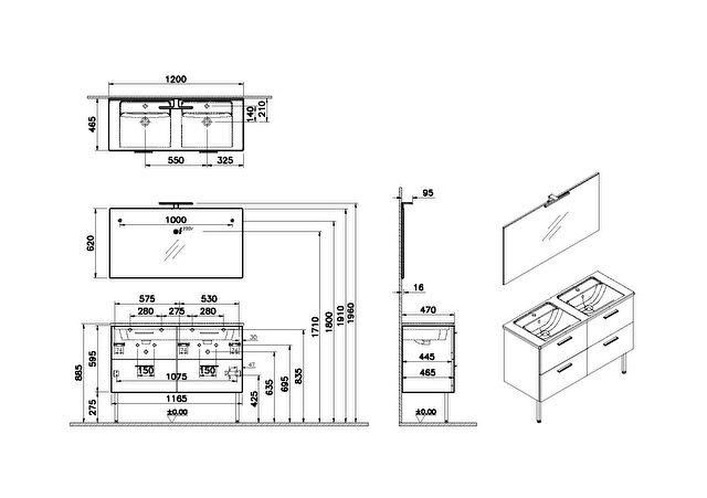 Meuble MIA L.120 cm finition blanc, 4 tiroirs, plan céramique, miroir ultraplat, applique Led, pieds chromés réf :66075