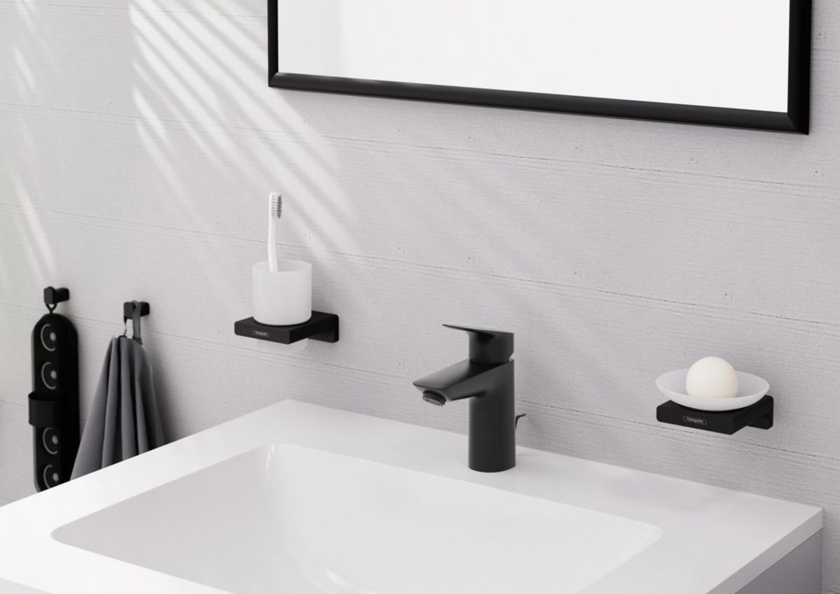 hansgrohe Logis Mitigeur de lavabo 100 avec tirette et vidage synthétique, Noir mat