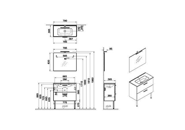 Meuble MIA L.80 cm finition blanc, 2 tiroirs, plan céramique, miroir ultraplat, applique Led, pieds chromés réf: 75075