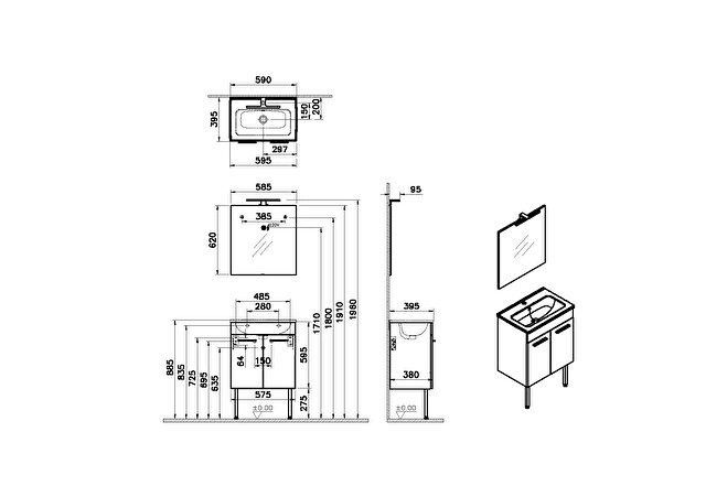 Meuble MIA L.60 cm finition blanc, 2 portes, plan céramique, miroir ultraplat, applique Led, pieds chromés réf: 75068