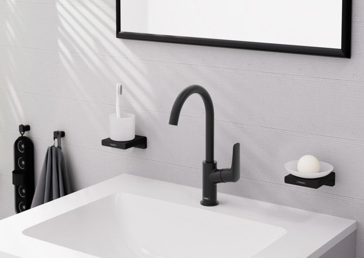 hansgrohe Logis Mitigeur de lavabo 210 bec haut avec tirette et vidage synthétique, Noir mat