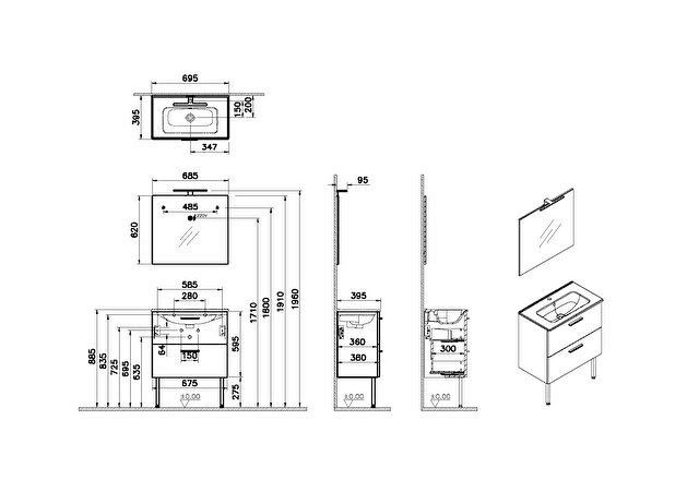 Meuble MIA L.70 cm finition blanc, 2 tiroirs, plan céramique, miroir ultraplat, applique Led, pieds chromés réf: 66100