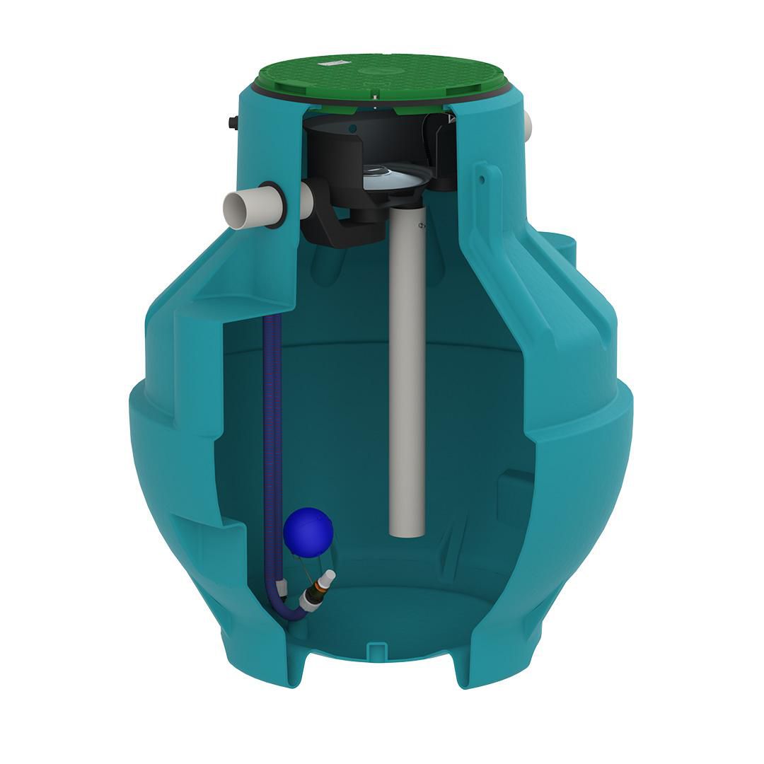 Cuve de récupération d'eau de pluie en polyéthylène à enterrer GLOBUS 2050 EQ volume 2050 litres équipée d'un filtre avec tamis inox kit de refoulement manchons entré/sortie 110 mm Réf. 359920