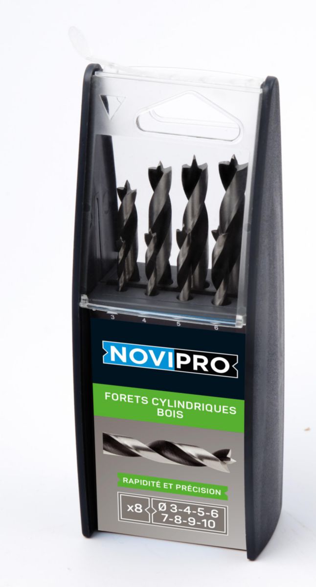 Coffret de 8 mèches à bois 3 pointes Pro meulées Novipro diamètre 3 à 10 mm