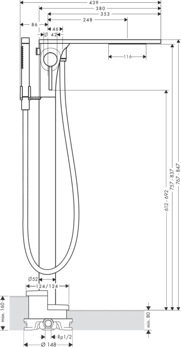 AXOR Massaud Mitigeur bain/douche encastré au sol, Aspect acier inoxydable