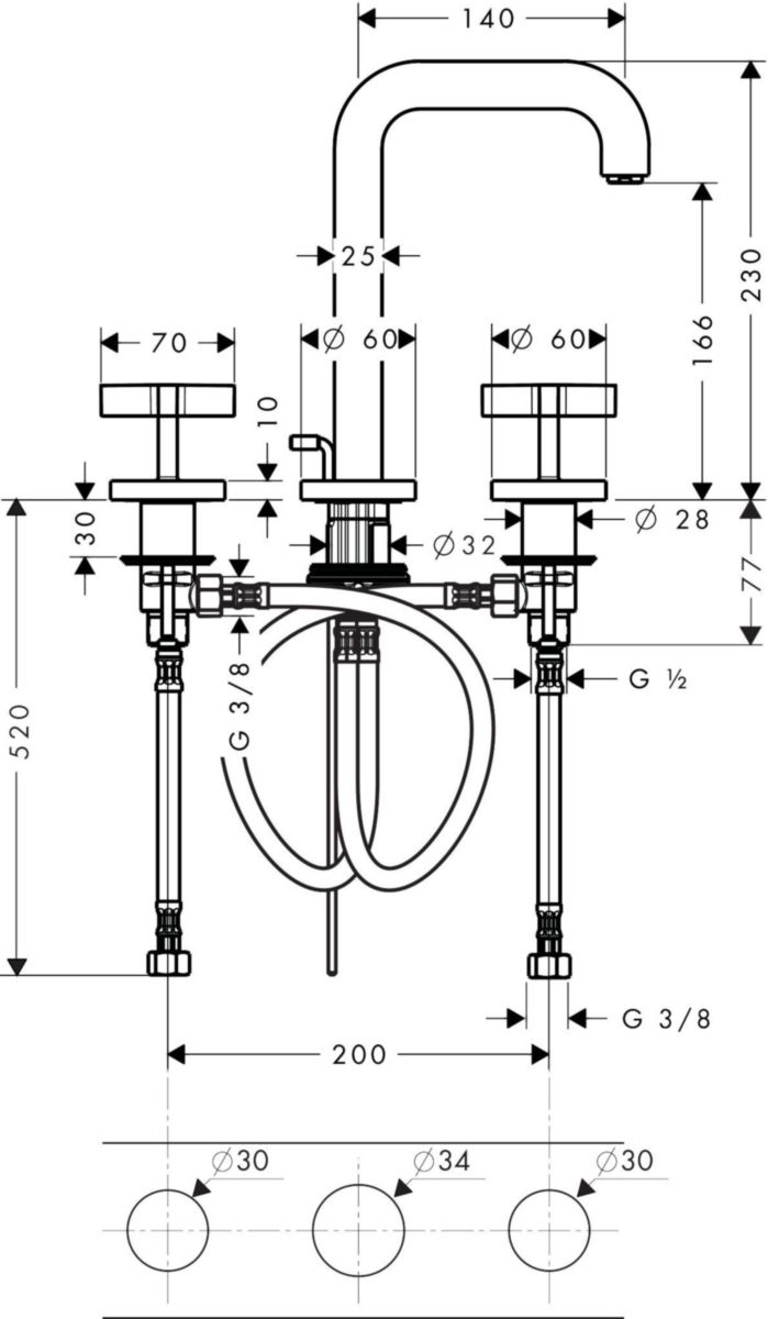 AXOR Citterio Mélangeur de lavabo 3 trous 170 poignées croisillons, rosaces, bec 140 mm avec tirette et vidage, Noir chromé brossé