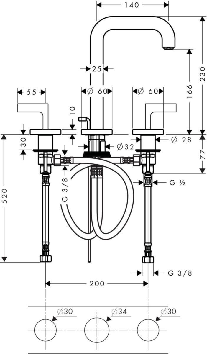 AXOR Citterio Mélangeur de lavabo 3 trous 170 poignées manettes, rosaces, bec 140 mm avec tirette et vidage, Aspect doré poli