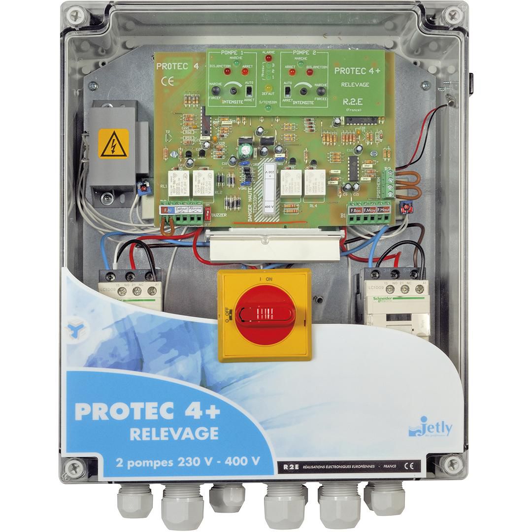 Coffret de commande et de protection pour 2 pompes de relevage PROTEC4+ alimentation bi-tension 230V/400V ampérage de 1 à 12 ampère sectionneur EN60207 Réf. 474021