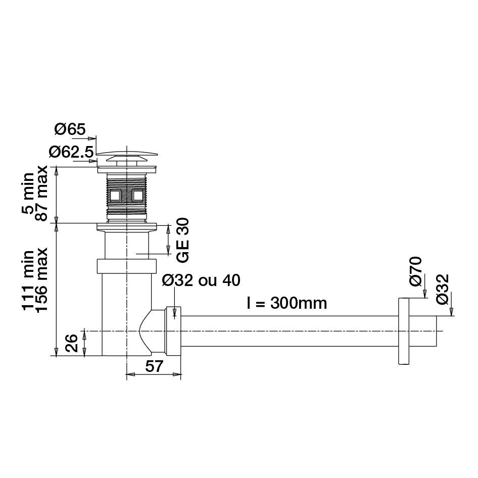 Siphonnette lavabo Digiclic clapet laiton SM D32 L300 mm réf 12220000000