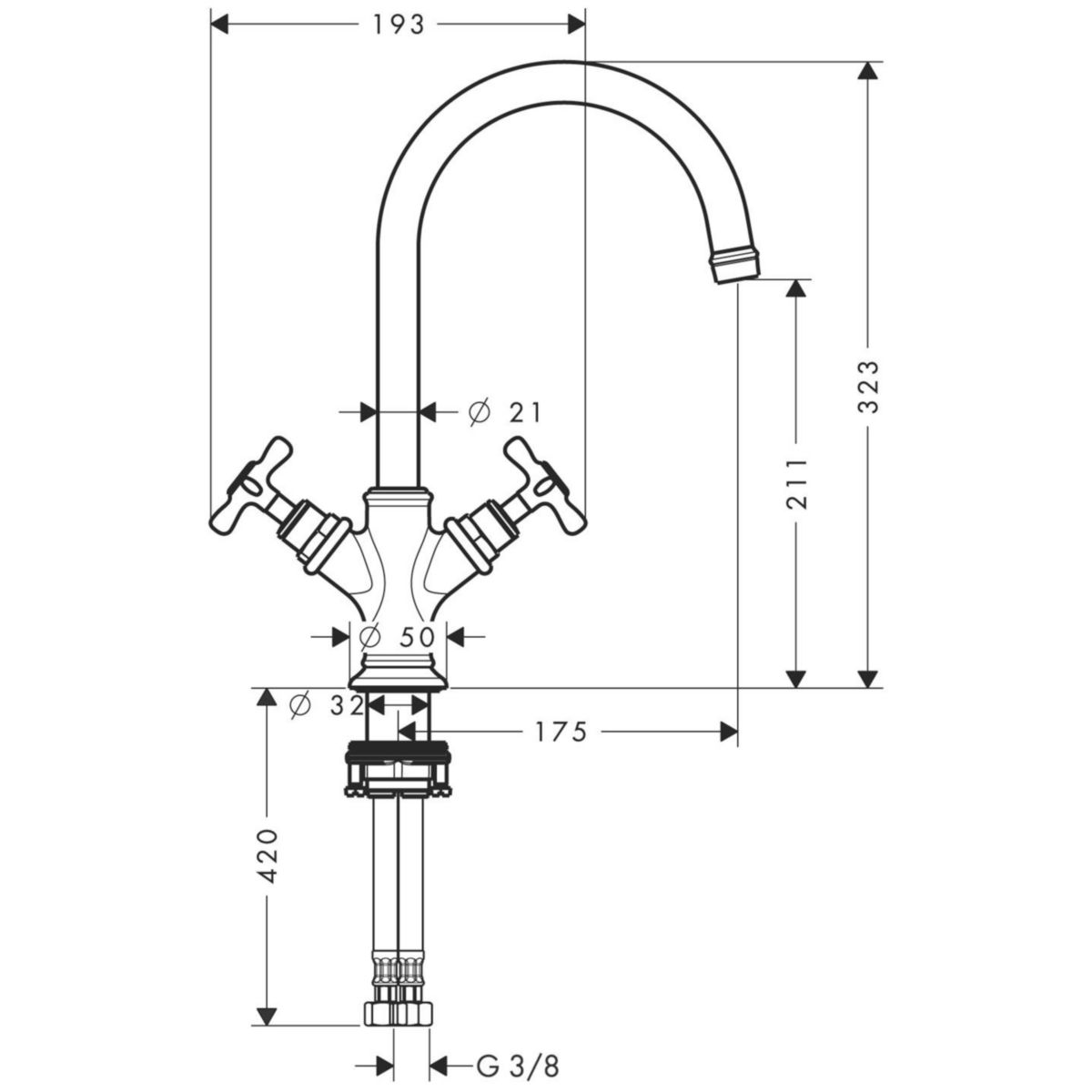 AXOR Montreux Mélangeur de lavabo 210 poignées croisillons sans tirette ni vidage, Bronze brossé