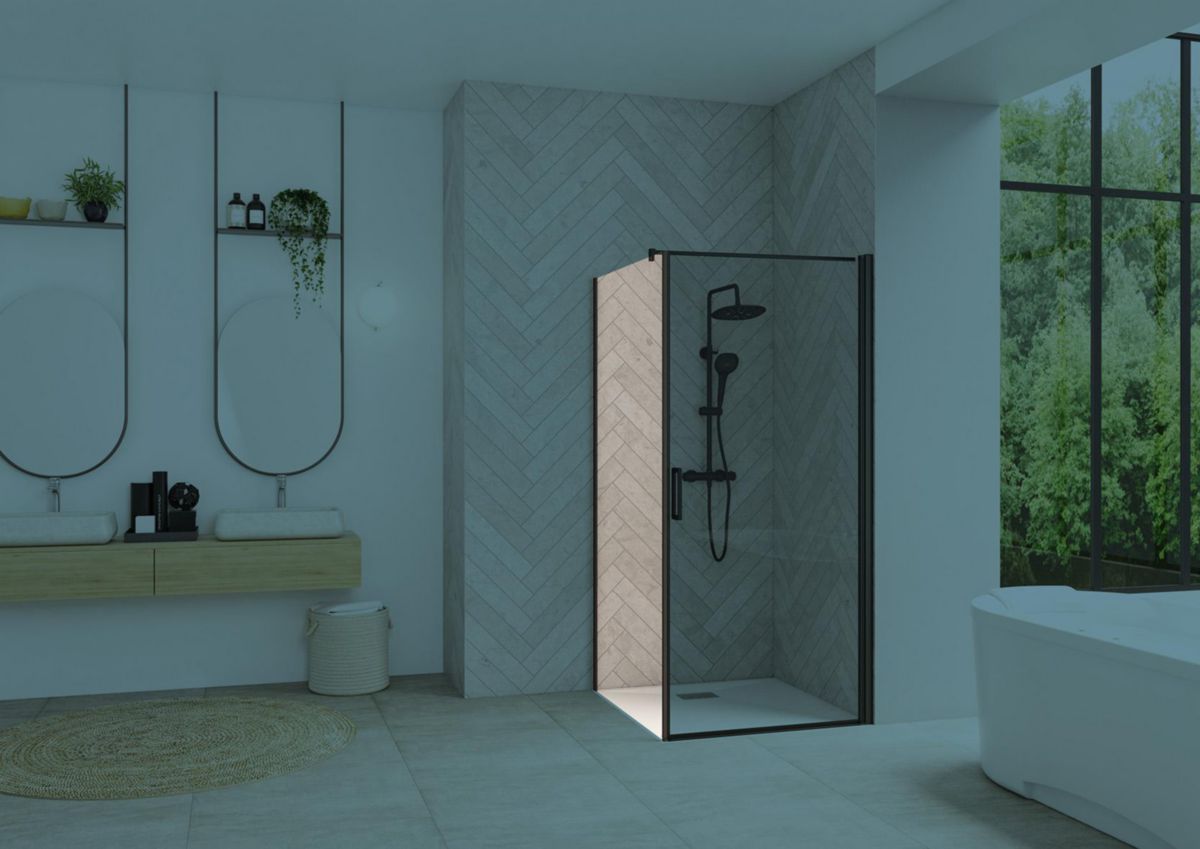 Paroi de douche retour fixe Smart Design  sans seuil 120 cm profilé noir verre transparent Réf. PA90158NTNE