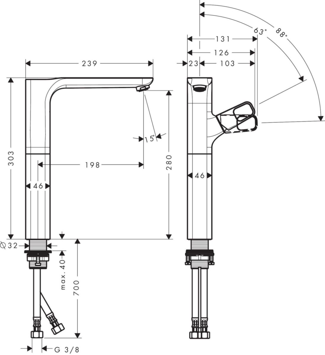 AXOR Urquiola Mitigeur de lavabo 280 surélevé pour vasque libre, bonde à écoulement libre, Aspect doré brossé