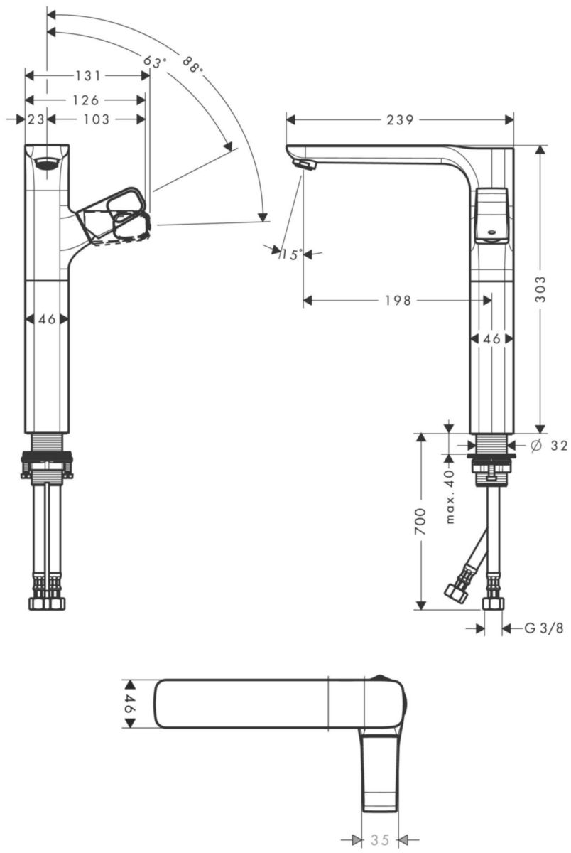 AXOR Urquiola Mitigeur de lavabo 280 surélevé pour vasque libre, bonde à écoulement libre, Aspect doré brossé