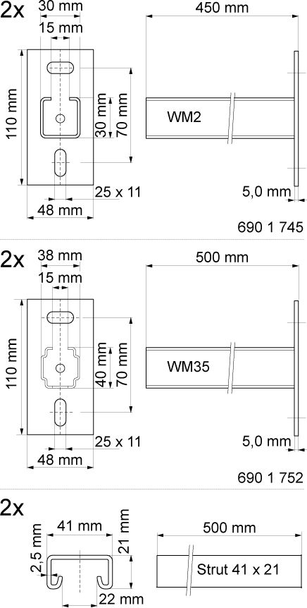 Kit support Clim ISO rail 41 x 21 avec console WM2 L. 450 mm.