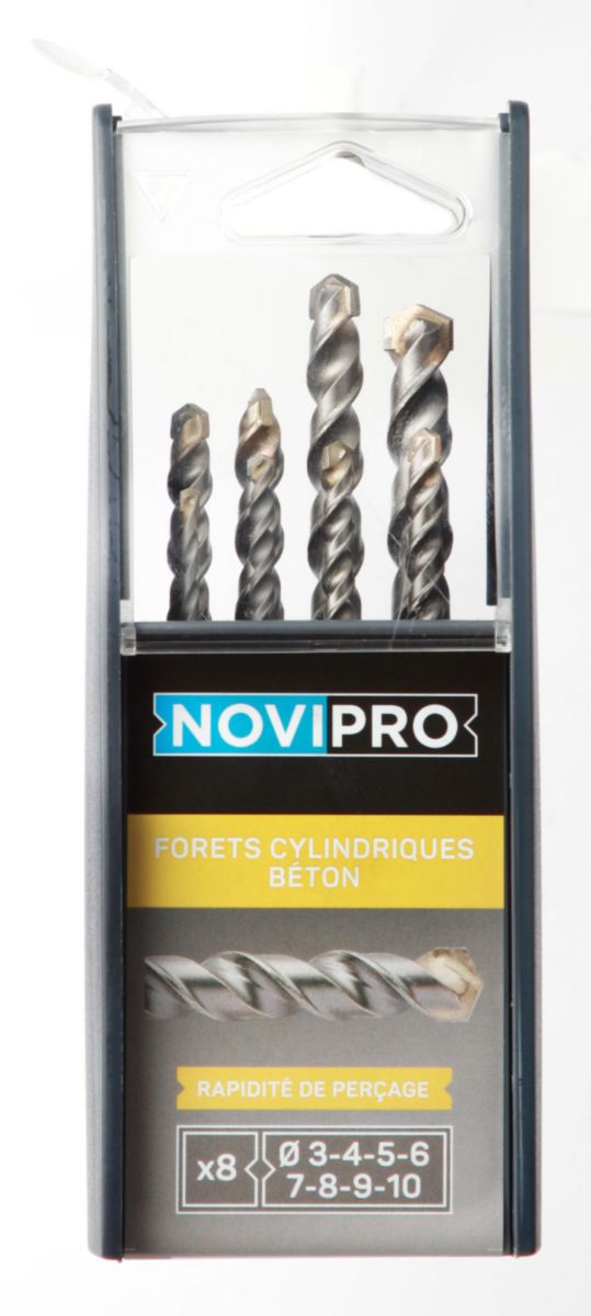 Coffret plastique de 8 Forets béton Pro hélice double rampe attachement cylindrique Novipro diamètres 3-4-5-6-7-8-9-10