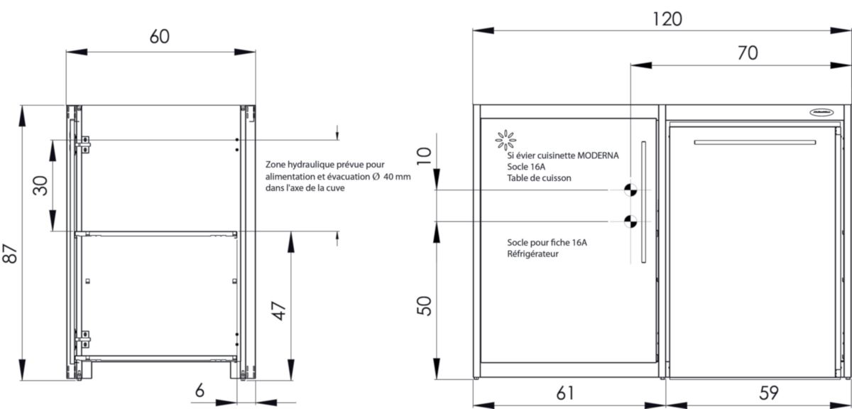 Meuble bas cuisinette METALLINE 120 cm  1 porte avec niche pour réfrigérateur 55 cm, Coloris Glacier